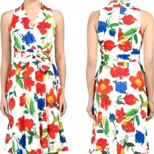 London Times 6 Bold Poppy Floral Print Halter Wrap Midi Dress Sleeveless V-Neck‎